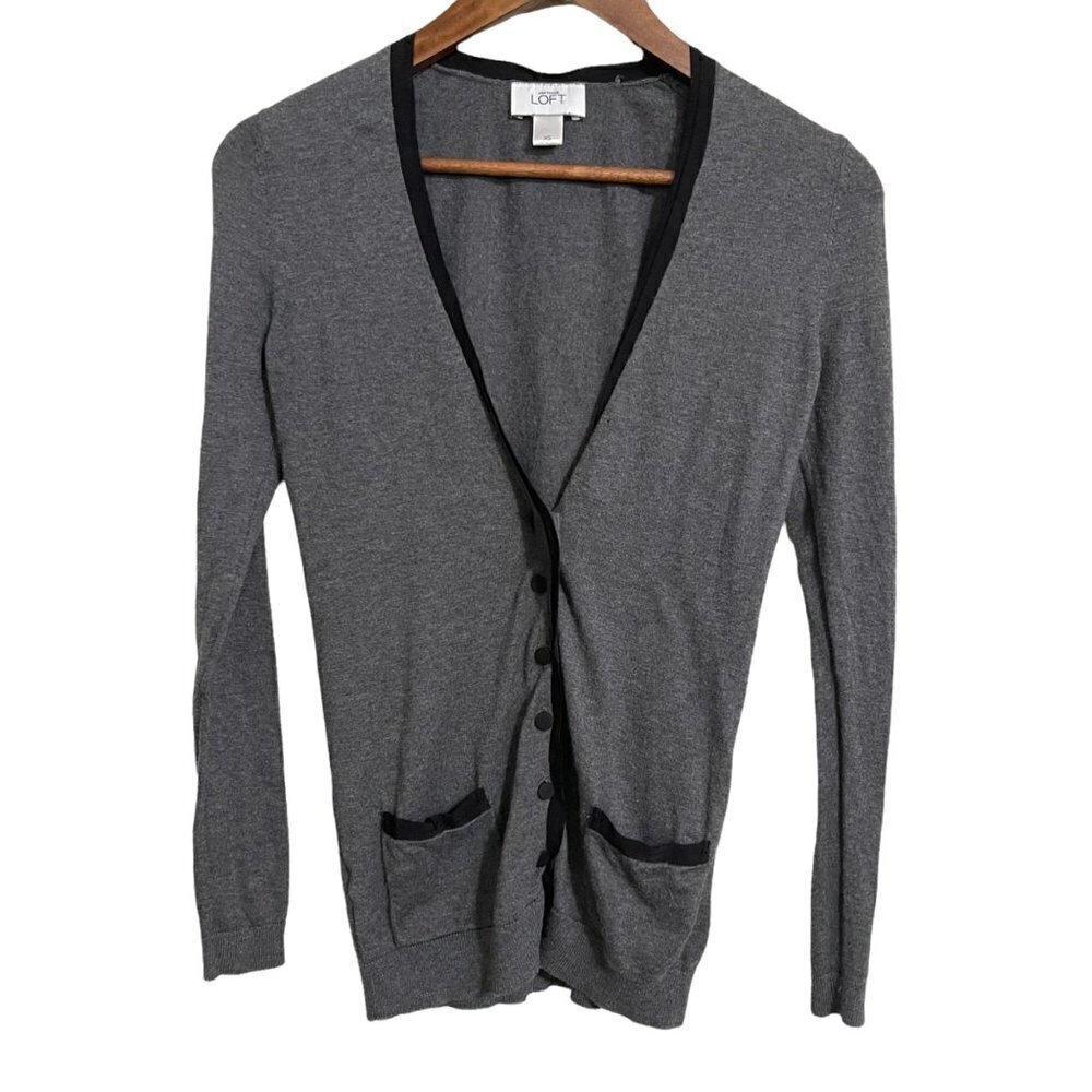 Ann Taylor LOFT Womens Gray Black Trim Pockets Button Up Cardigan Sweater XS